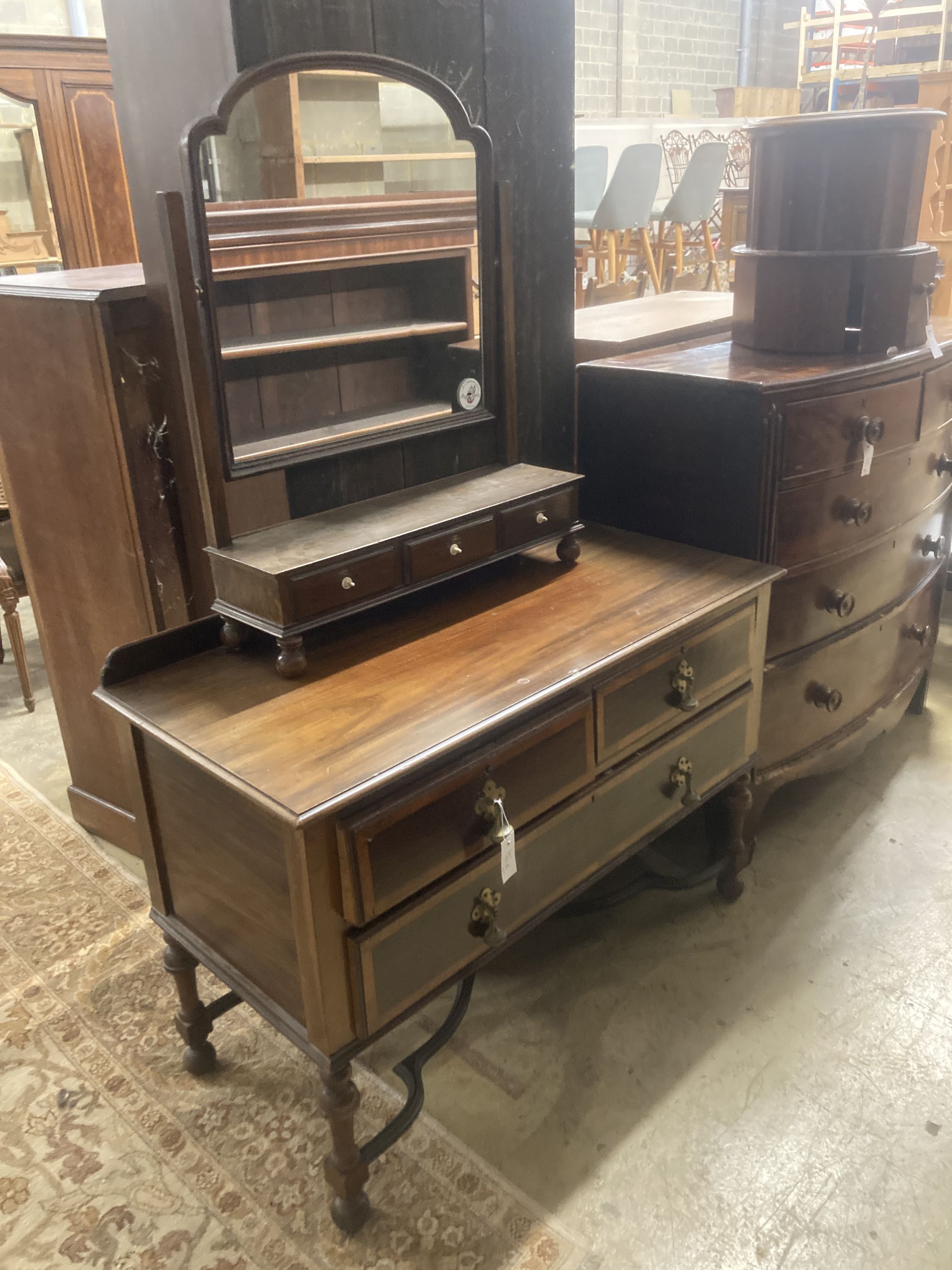 A William and Mary style banded mahogany chest, fitted over with a later mirror, width 114cm, depth 52cm, height 160cm